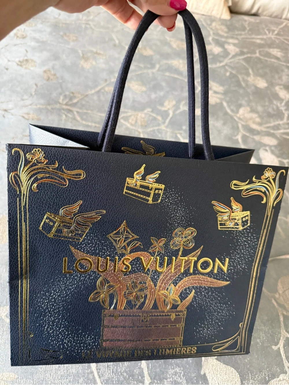 Authentic Louis Vuitton Navy & Gold Decorative Gift Bag with Rope Handles.